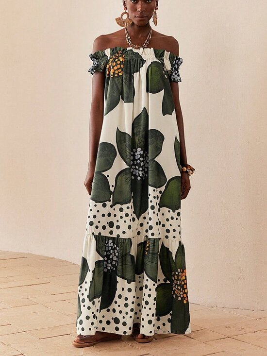 Dresses & Skirts - Multicolor Boho Women's Floral Print Off-Shoulder maxi Dress